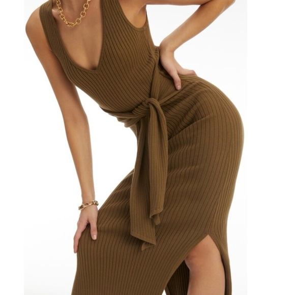 NWT Good American Rib Knit Tie Waist Midi Dress Sage Green Sz 2 - Picture 4 of 7